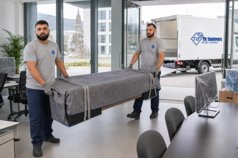 Firmenumzug Freiburg mit TB Transporte Mitarbeitern beim Transport geschützter Büromöbel
