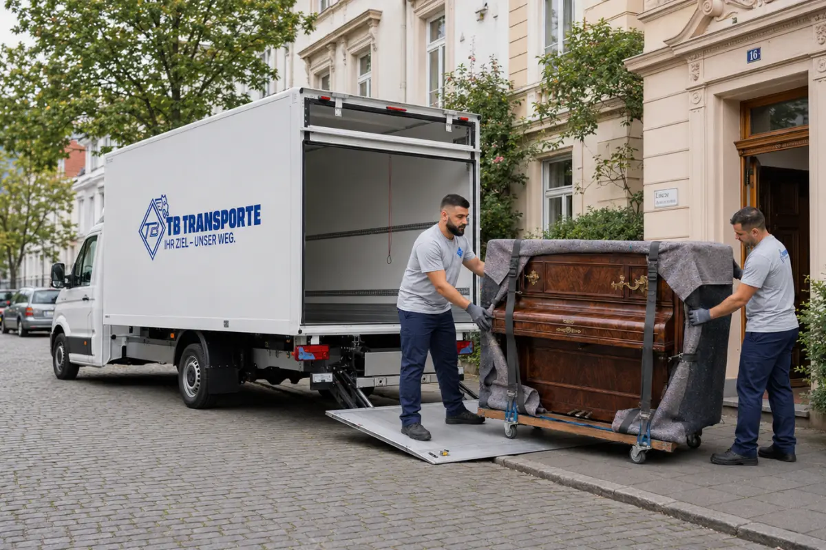Klaviertransport Freiburg mit TB Transporte Mitarbeitern beim Verladen eines geschützten Klaviers in den Umzugswagen