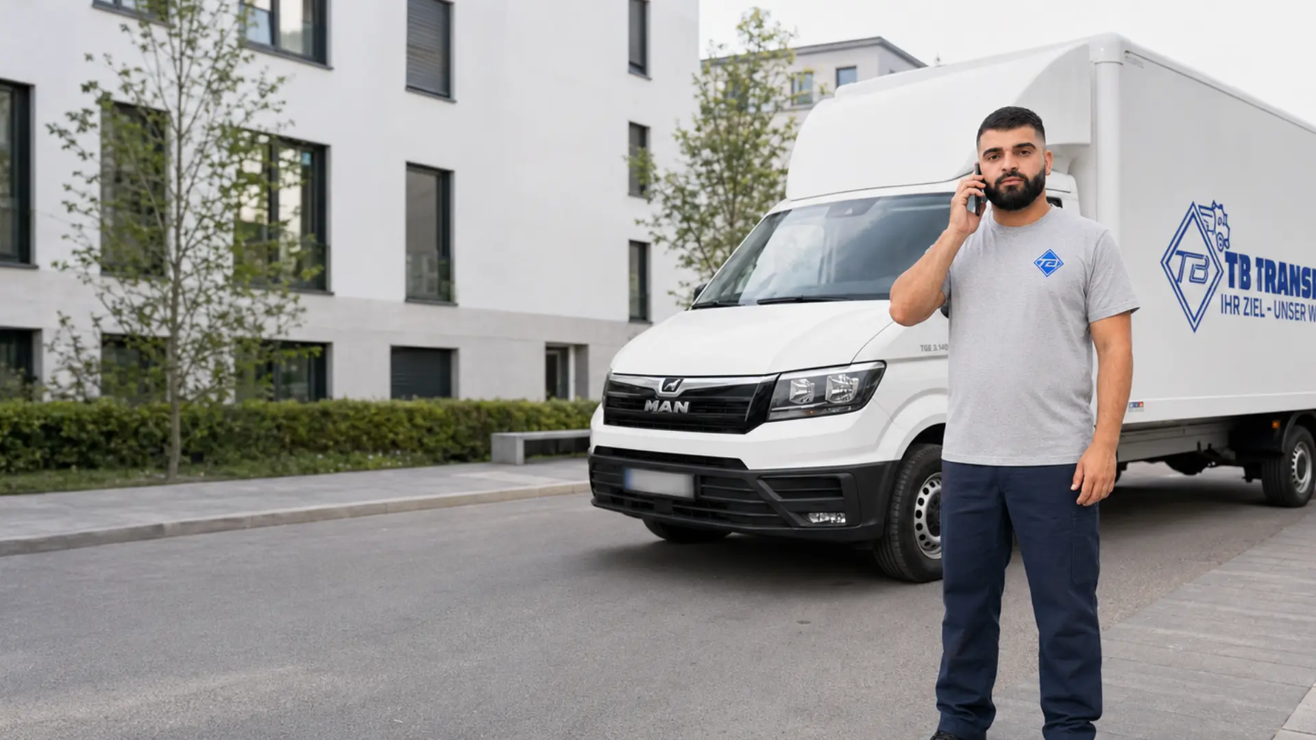 Mitarbeiter von TB Transporte Freiburg telefoniert vor Umzugswagen