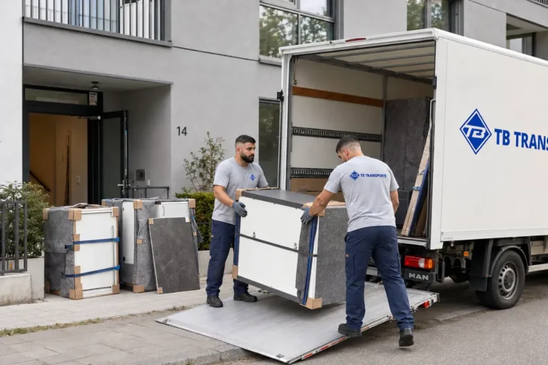 Küchentransport Freiburg mit TB Transporte Mitarbeitern beim Verladen geschützter Küchenelemente in den Umzugswagen