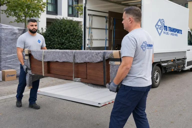 Möbeltransport Freiburg mit TB Transporte Mitarbeitern beim Tragen eines geschützten Möbelstücks zum Umzugswagen