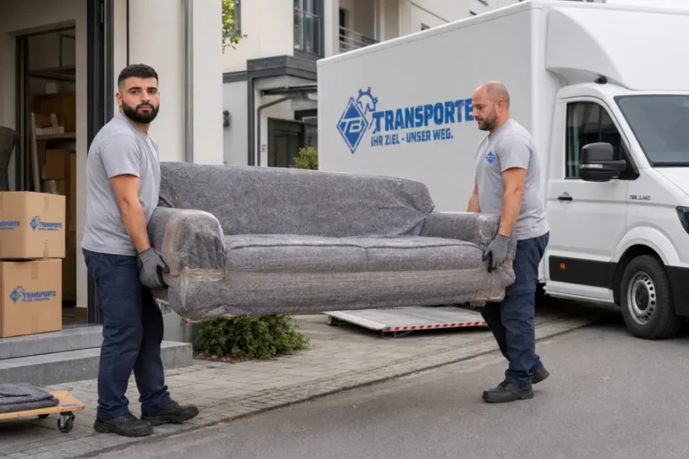 Privatumzug Freiburg mit TB Transporte Mitarbeitern beim Tragen eines geschützten Sofas vor Umzugswagen