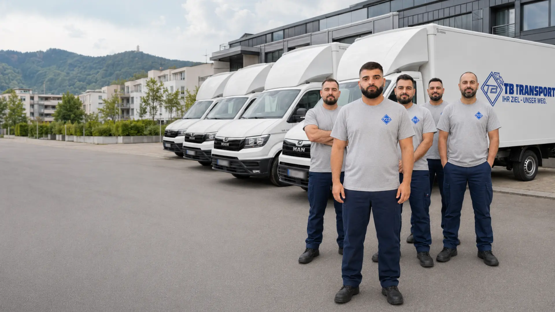 TB Transporte Freiburg Team vor mehreren Umzugswagen