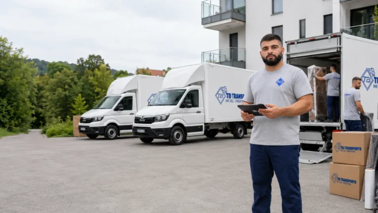Umzugsunternehmen Freiburg mit TB Transporte Mitarbeiter vor Umzugswagen bei der Umzugsplanung